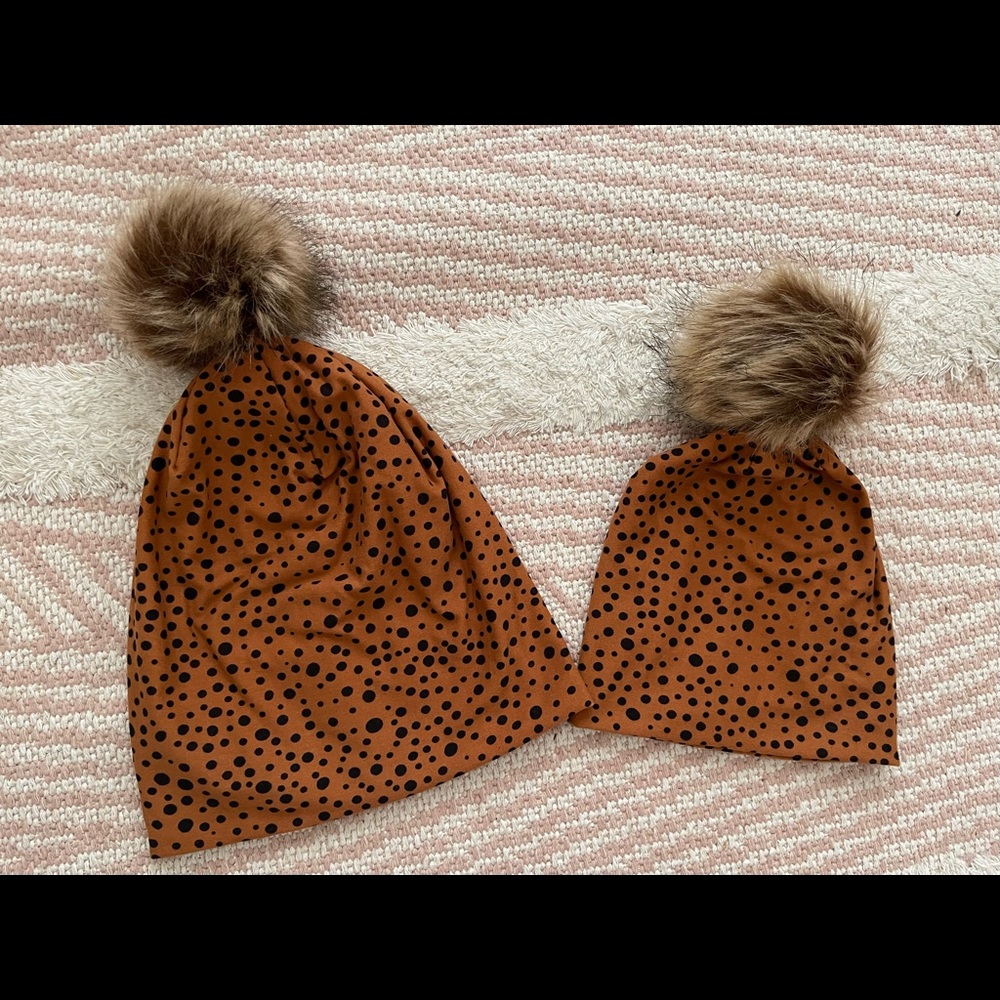 Mommy and me matching winter hats w furry ball black spotted specs brown print